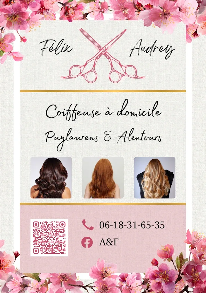 Recto du flyer : logo, mention coiffeuse à domicile et coordonnées