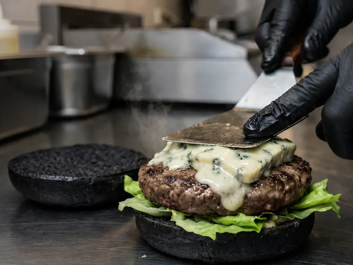 Burger au pain noir préparé en cuisine par Black Buns