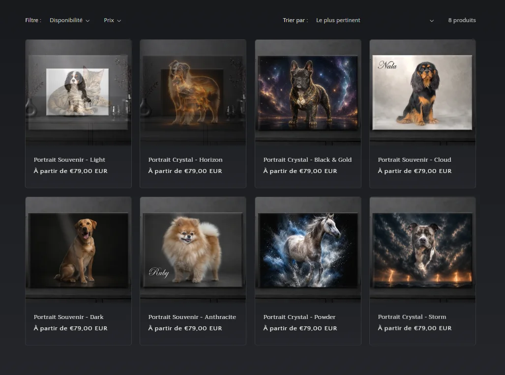 Catalogue Crystal Plate : huit portraits d'animaux sur plaque acrylique